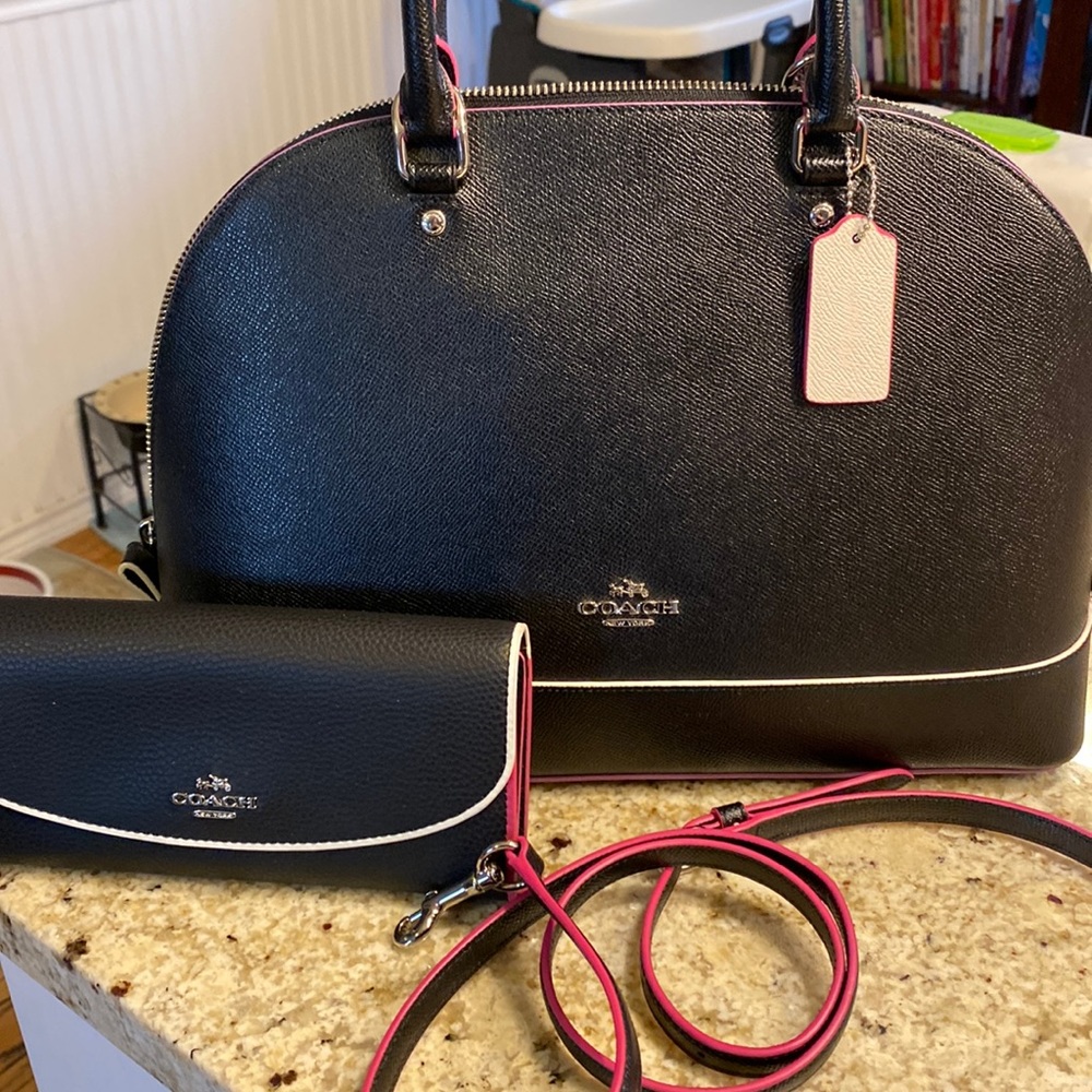 COACH- NWOT, Black leather pebble finish purse with matching checkbook wallet.